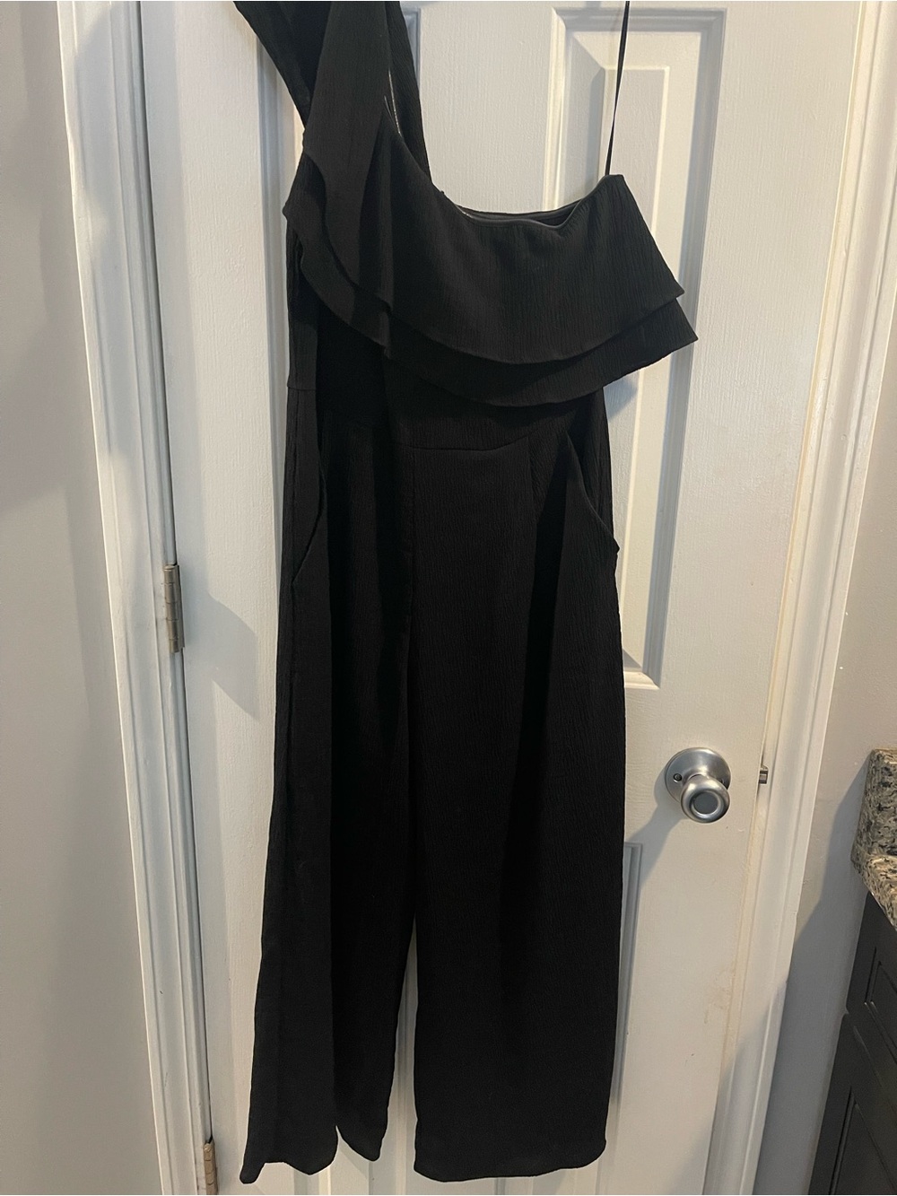 Black Plissé One Shoulder Ruffle Jumpsuit with Pockets